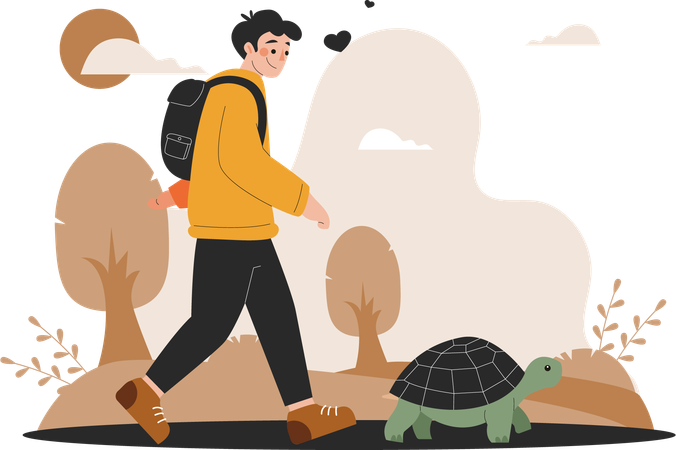 Un homme marche avec son animal de compagnie  Illustration