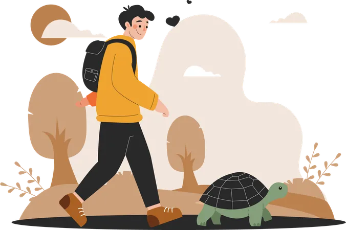 Un homme marche avec son animal de compagnie  Illustration