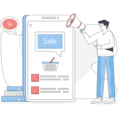 Homme faisant du marketing, des achats et des soldes  Illustration