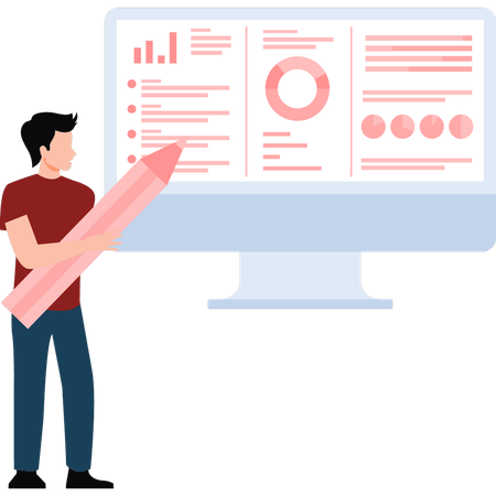 Homme marquant l'analyse commerciale sur le moniteur  Illustration