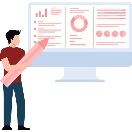 Homme marquant l'analyse commerciale sur le moniteur  Illustration