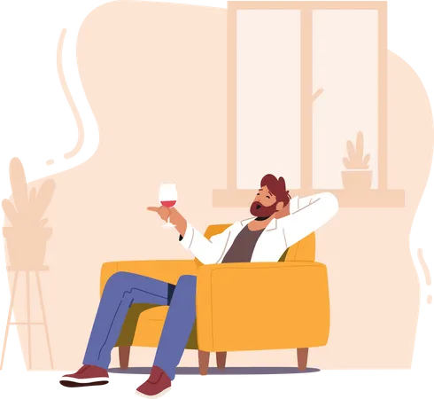 Un homme mûr s'assoit sur un fauteuil et tient un verre à vin à la main  Illustration