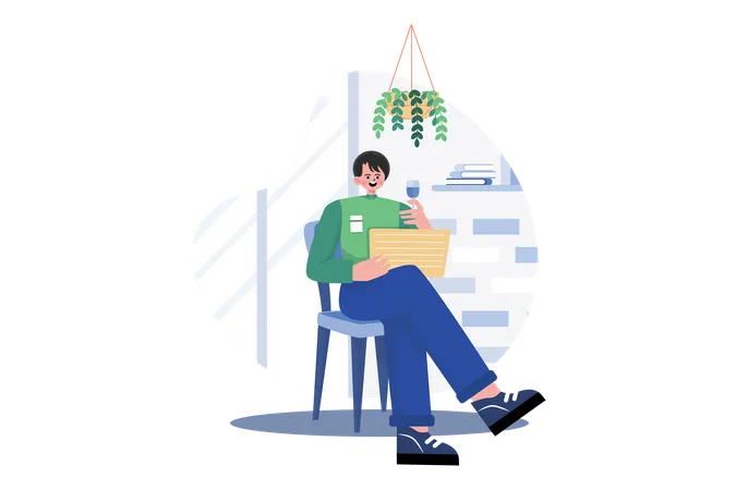 Un homme mûr est assis sur un fauteuil avec un verre à vin à la main  Illustration