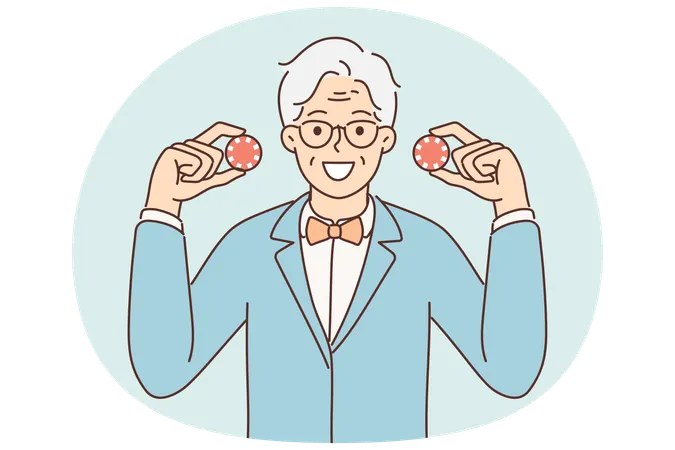 Homme mature drôle tenant des jetons de jeu du casino de Las Vegas proposant de tester la fortune au poker  Illustration