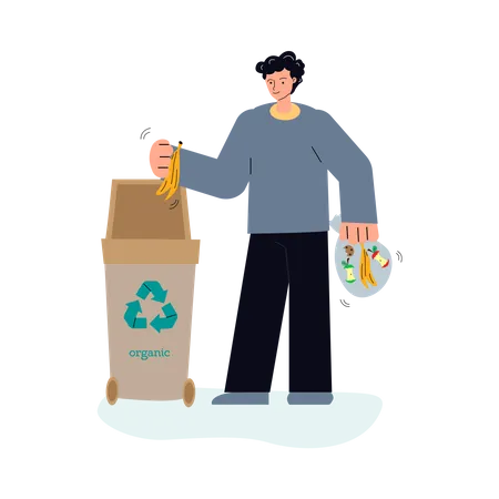 Homme mettant le recyclage des déchets alimentaires dans une poubelle  Illustration