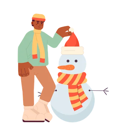 Homme mettant le bonnet de Noel sur la tête de bonhomme de neige  Illustration