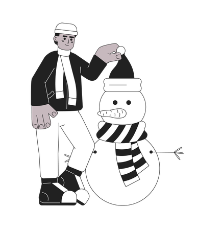 Homme mettant le bonnet de Noel sur la tête de bonhomme de neige  Illustration
