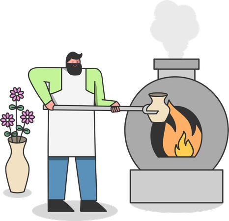 Homme mettant un pot d'argile dans un brûleur à feu  Illustration