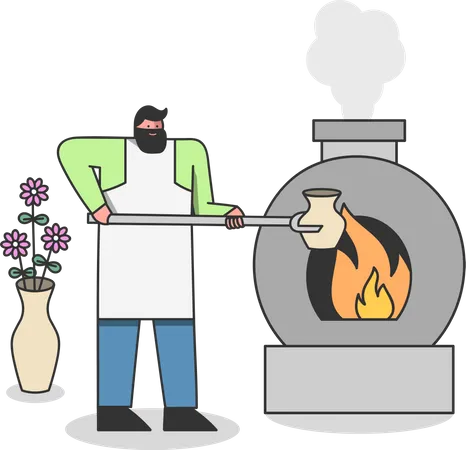 Homme mettant un pot d'argile dans un brûleur à feu  Illustration