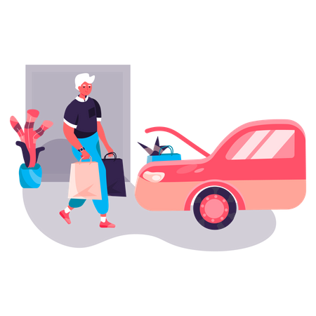 Homme mettant un sac à provisions dans une voiture  Illustration