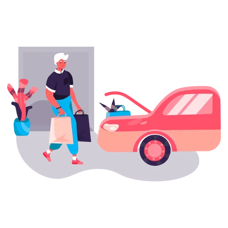 Homme mettant un sac à provisions dans une voiture  Illustration