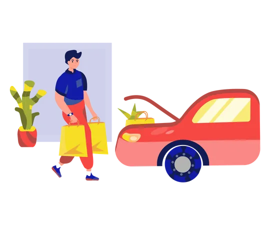 Homme mettant un sac à provisions dans une voiture  Illustration