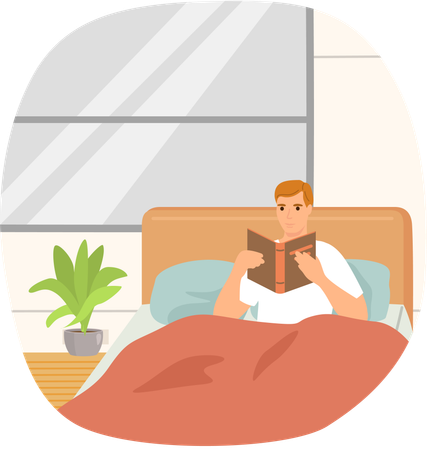 Homme mignon en pyjama lisant de la littérature  Illustration