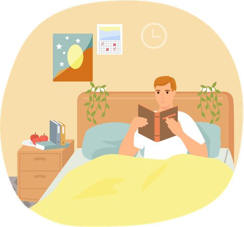 Homme mignon en pyjama lisant de la littérature  Illustration