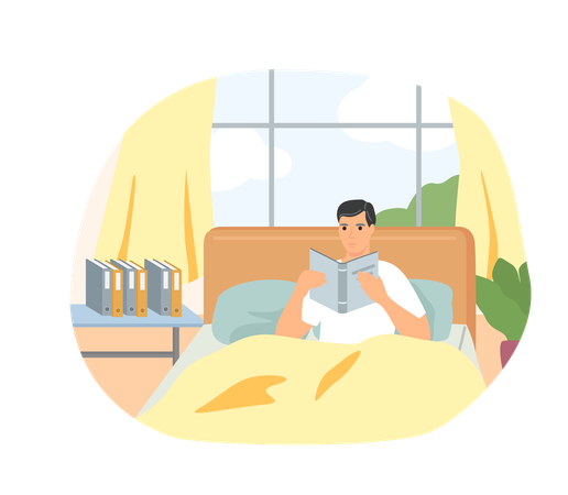 Homme mignon en pyjama lisant de la littérature  Illustration