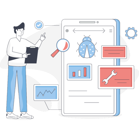 Un homme montrant une application de test  Illustration