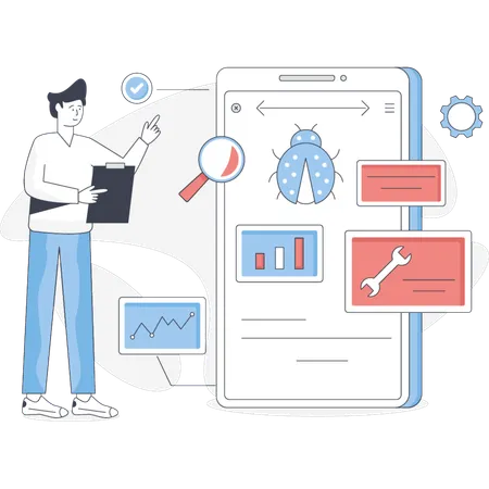 Un homme montrant une application de test  Illustration