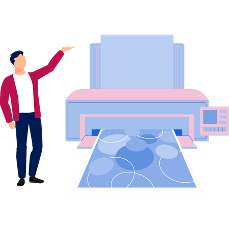 Homme montrant des dessins sur une machine d'impression numérique  Illustration