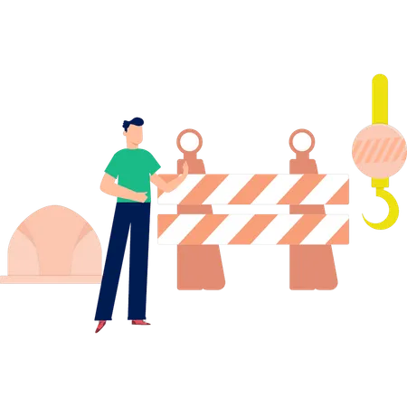 Un homme montre des outils de construction de routes  Illustration