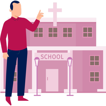 Un homme montre une école chrétienne  Illustration