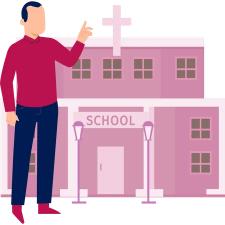 Un homme montre une école chrétienne  Illustration