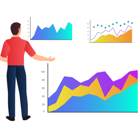 Homme montrant des statistiques financières  Illustration