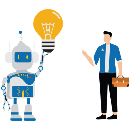 Un homme montre la technologie de l'intelligence artificielle AI pour réfléchir et conseiller de nouvelles idées  Illustration