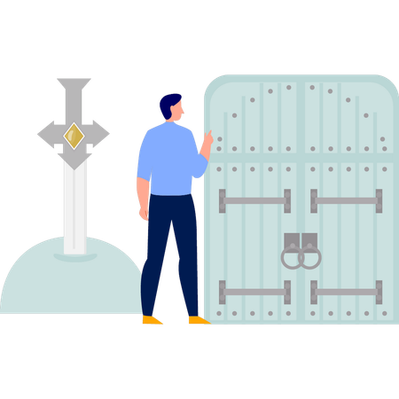 Homme montrant la porte du château  Illustration