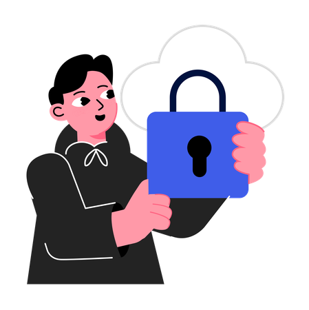 Un homme montre la protection des données dans le cloud  Illustration