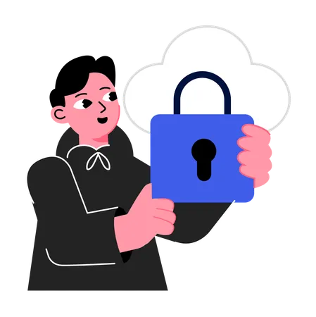 Un homme montre la protection des données dans le cloud  Illustration