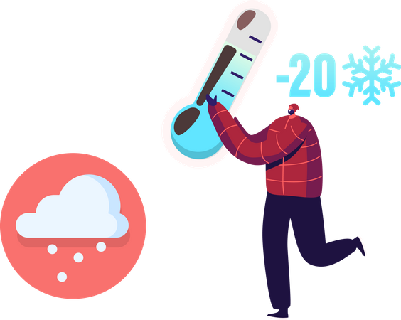 Homme montrant la température de congélation à l'aide d'un thermomètre  Illustration