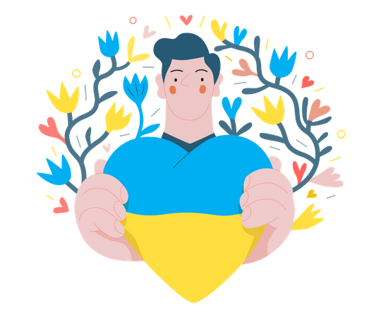 Homme montrant le coeur coloré du drapeau ukrainien  Illustration