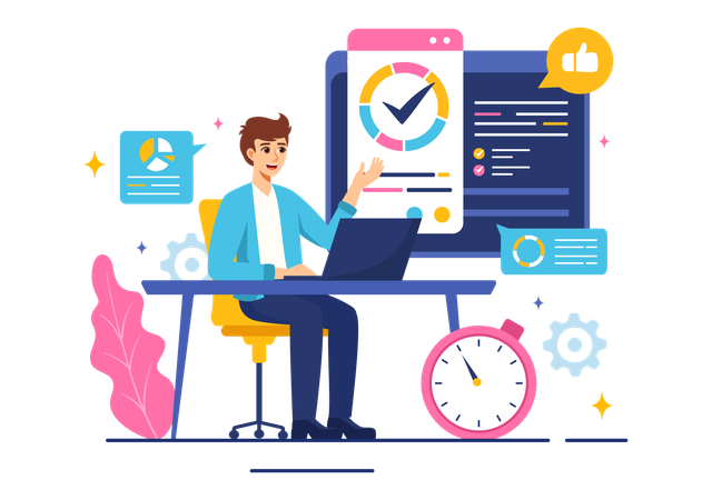 Homme montrant l'analyse des tests logiciels  Illustration