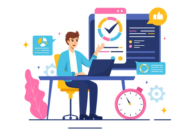 Homme montrant l'analyse des tests logiciels  Illustration