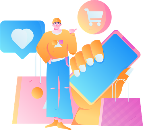 Homme montrant faire du shopping sur une application mobile  Illustration