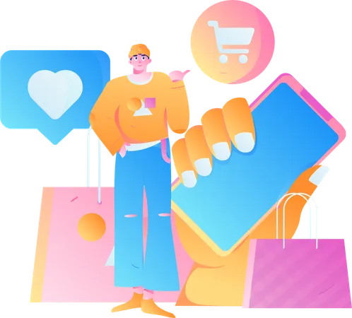 Homme montrant faire du shopping sur une application mobile  Illustration