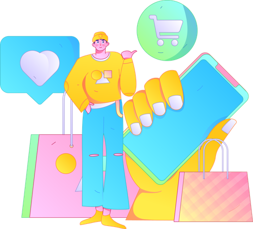 Homme montrant faire du shopping sur une application mobile  Illustration