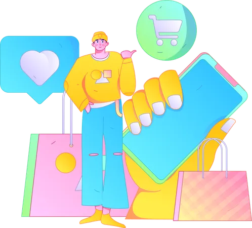 Homme montrant faire du shopping sur une application mobile  Illustration