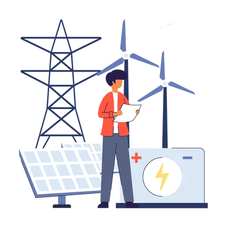 Homme montrant le stockage d’énergie renouvelable  Illustration