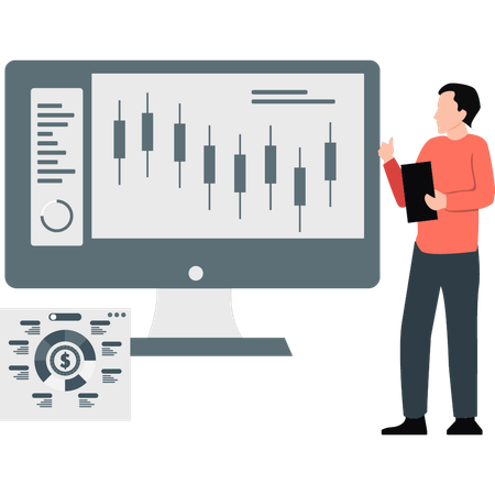 Un homme montre un graphique d'investissement en actions  Illustration