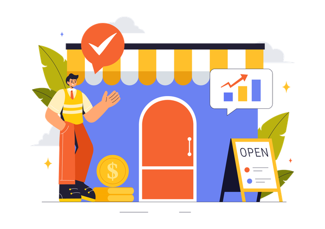 Homme montrant un magasin financier  Illustration