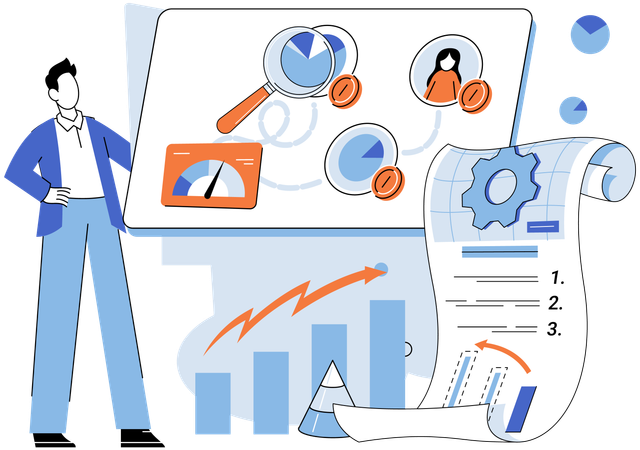 Homme montrant un rapport d'analyse des indicateurs clés de performance  Illustration