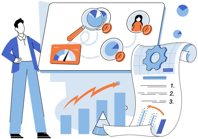 Homme montrant un rapport d'analyse des indicateurs clés de performance  Illustration