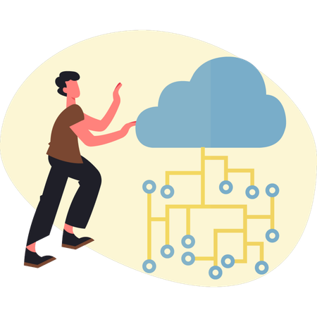 Un homme montre un réseau cloud  Illustration