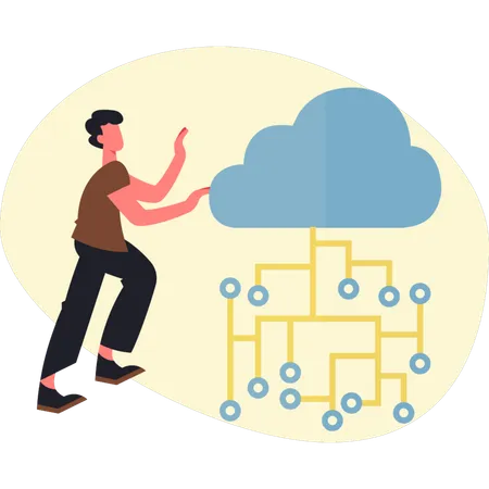 Un homme montre un réseau cloud  Illustration