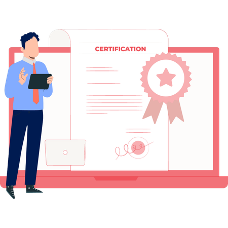 Homme montrant une certification sur un ordinateur portable  Illustration