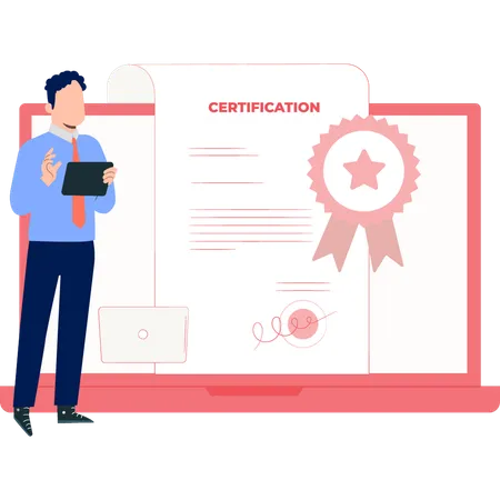 Homme montrant une certification sur un ordinateur portable  Illustration