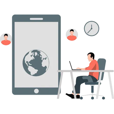 Un homme montre une entreprise en ligne sur son mobile  Illustration