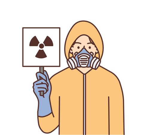 Homme montrant un avertissement de zone radioactive  Illustration