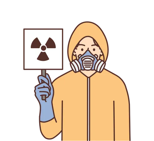 Homme montrant un avertissement de zone radioactive  Illustration